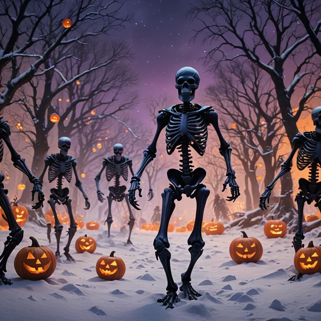 Dancing Skeletons in Snow: A Dark Fantasy Matte Painting