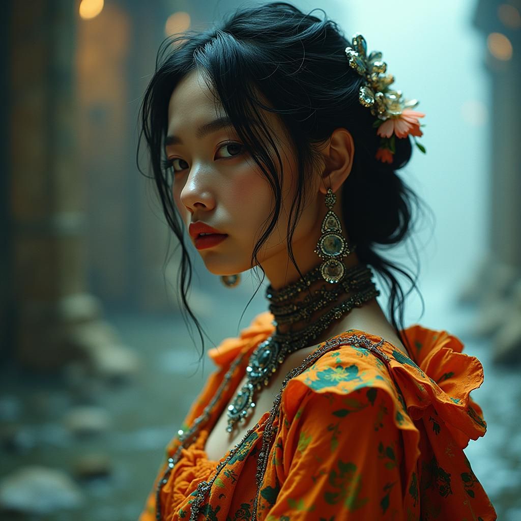 Hyperrealistic Woman in Crystalline Jewelry, Cinematic Light...