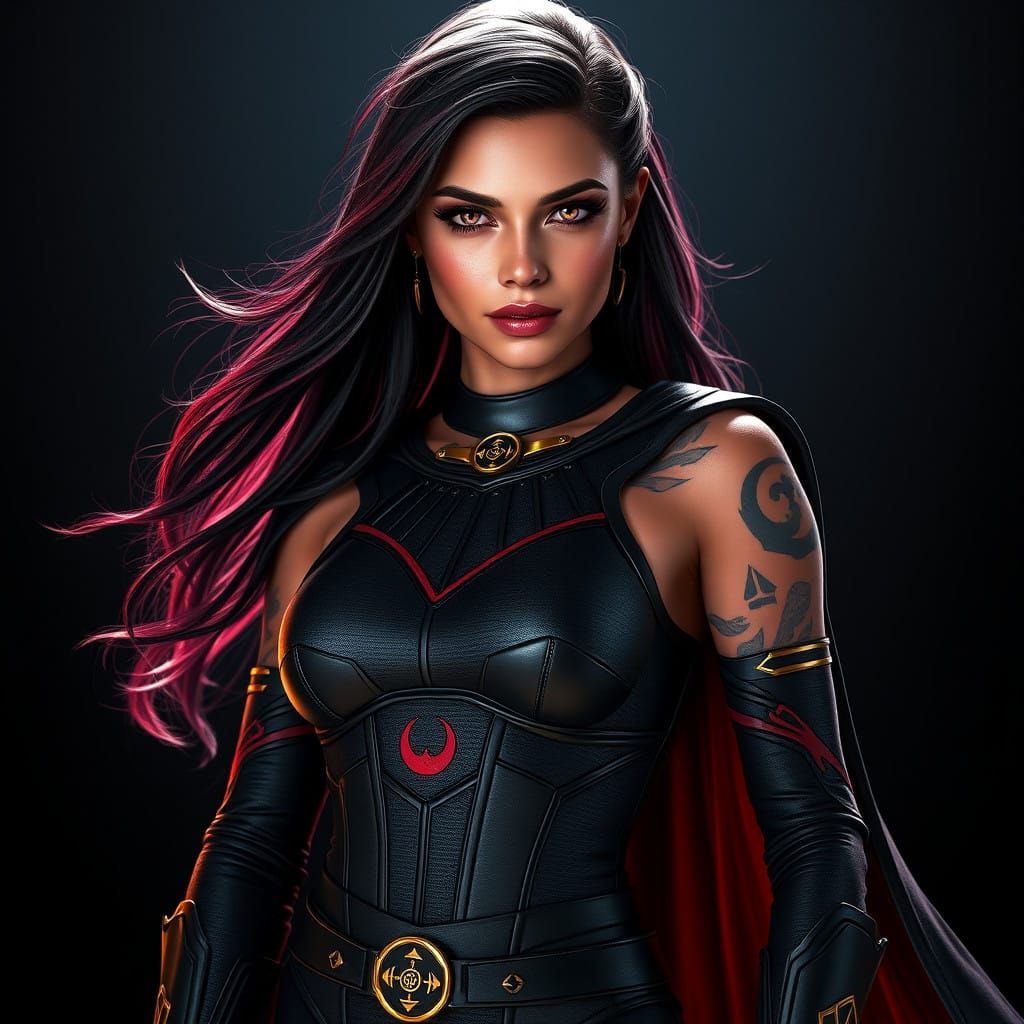 Confident Zeltron-Mirialan Hybrid Woman in Dramatic Lighting