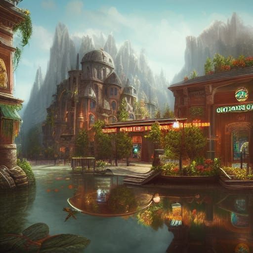 Fantastical Starbucks Matte Painting in Deep Color