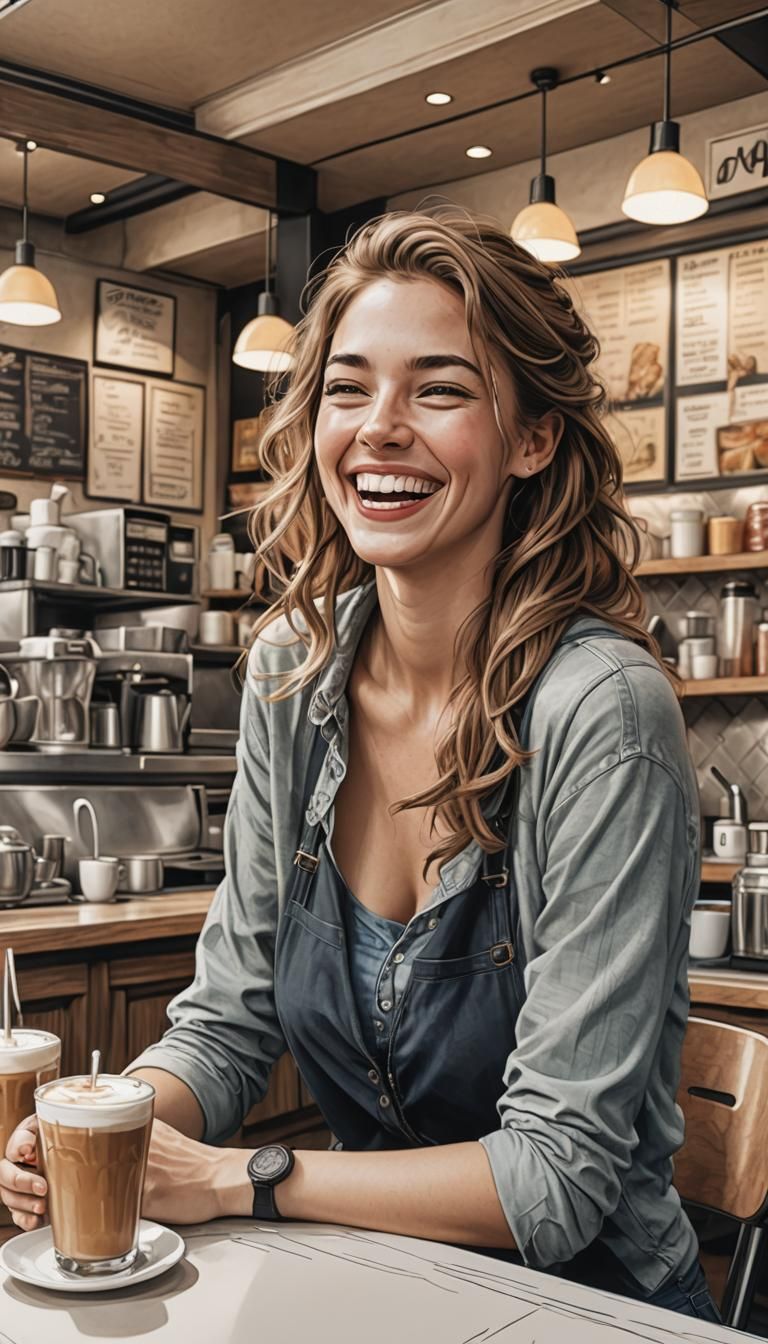Laughing Woman in Café: Comic Art and Pencil Drawing