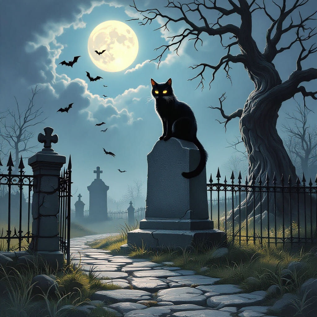 Spooky Black Cat with Glowing Eyes on Tombstone