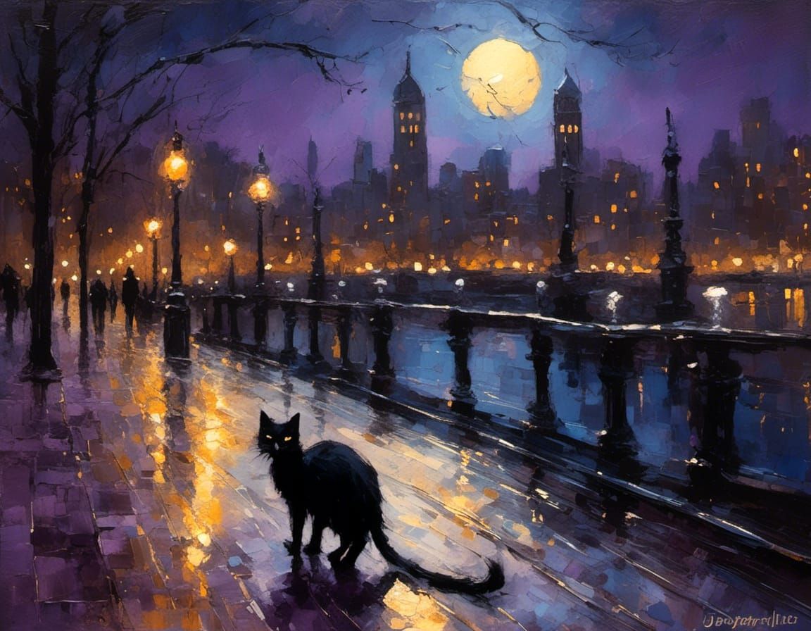 Moonlit Black Cat in Impressionist Cityscape