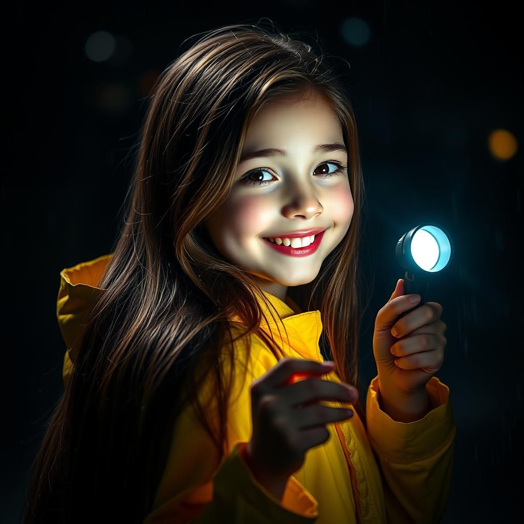 Girl in Yellow Raincoat Walking at Night