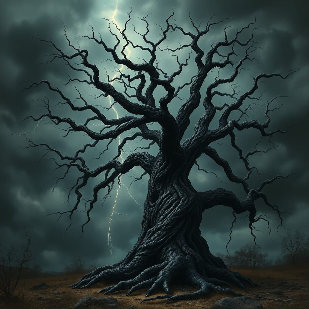 Twisted, Menacing Tree Silhouetted Against a Stormy, Dark Sk...