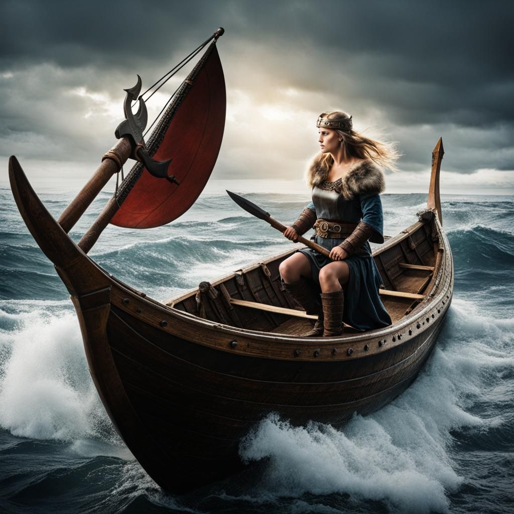 Viking Woman on Longship at Sea