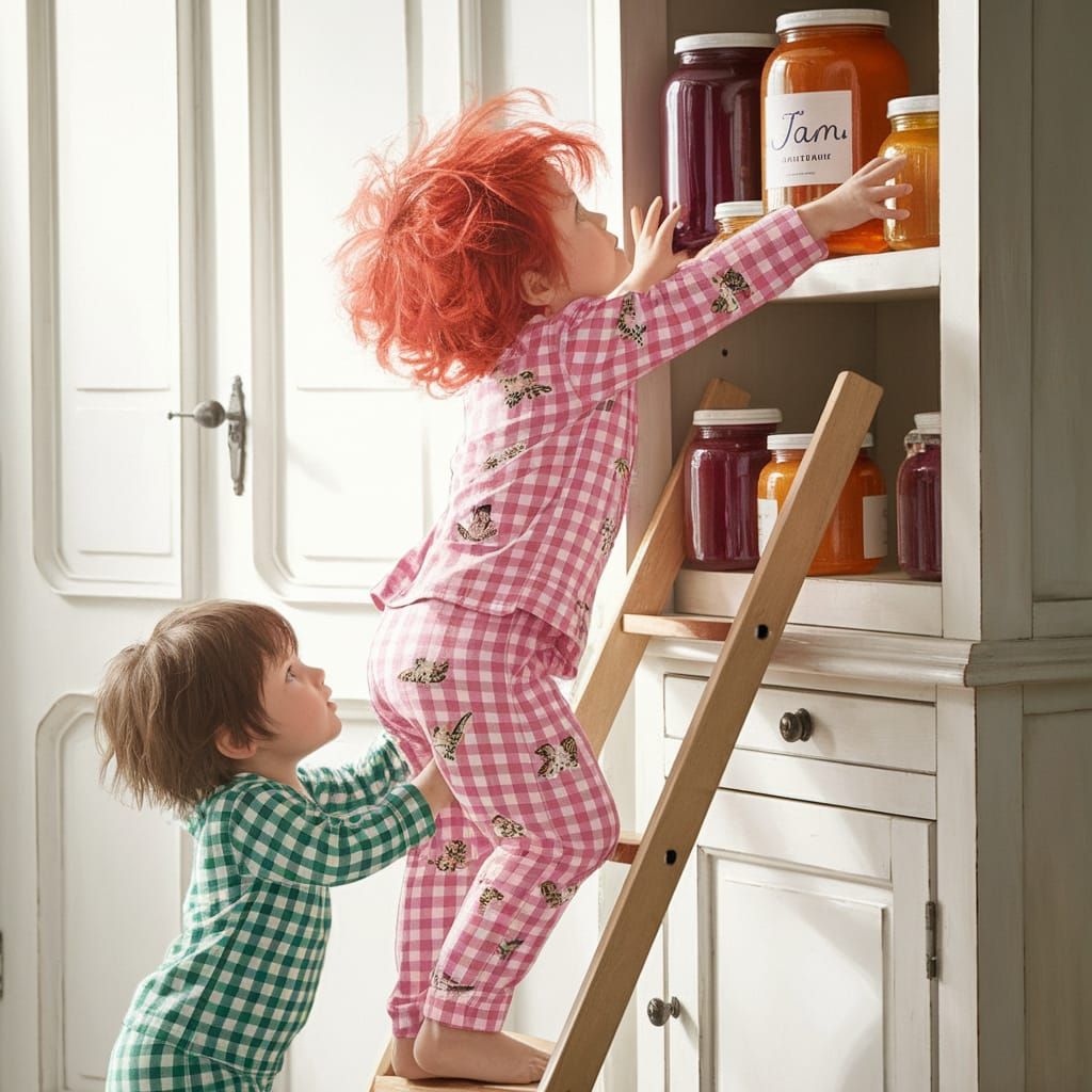 Whimsical Children's Scene in Gingham Pajamas Reaching for J...