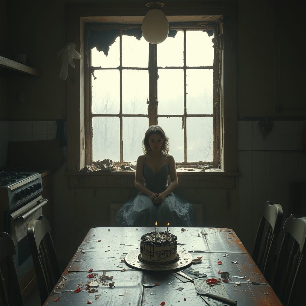 Lonely Woman in Ruined Kitchen with Birthday Cake