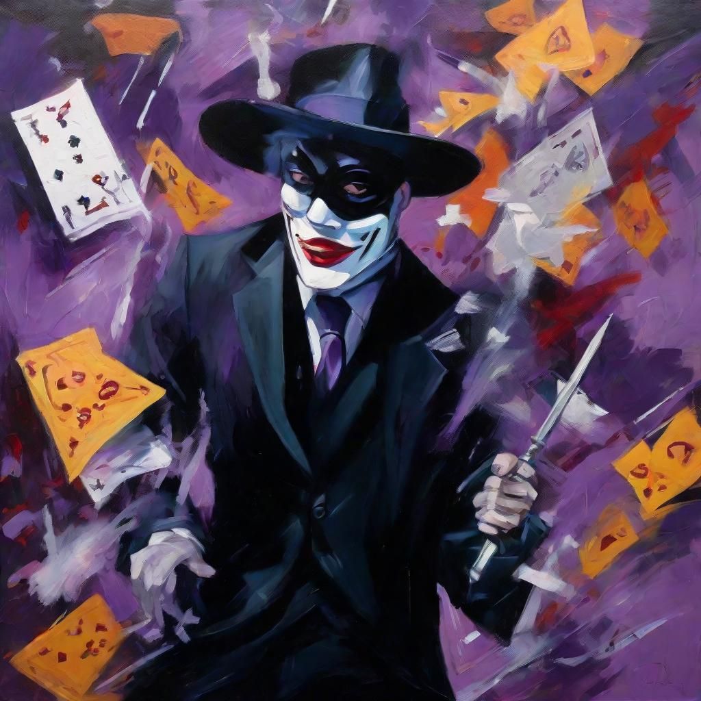 Dark Fantasy Portrait with Comedy Mask, Gouache Style