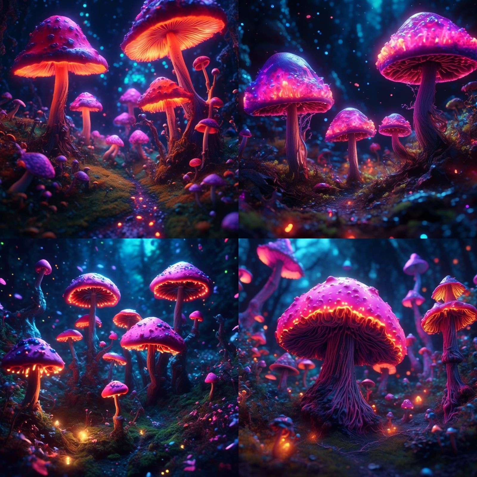 Trippy Astral Mushrooms in Neon, Cel-Shaded Style