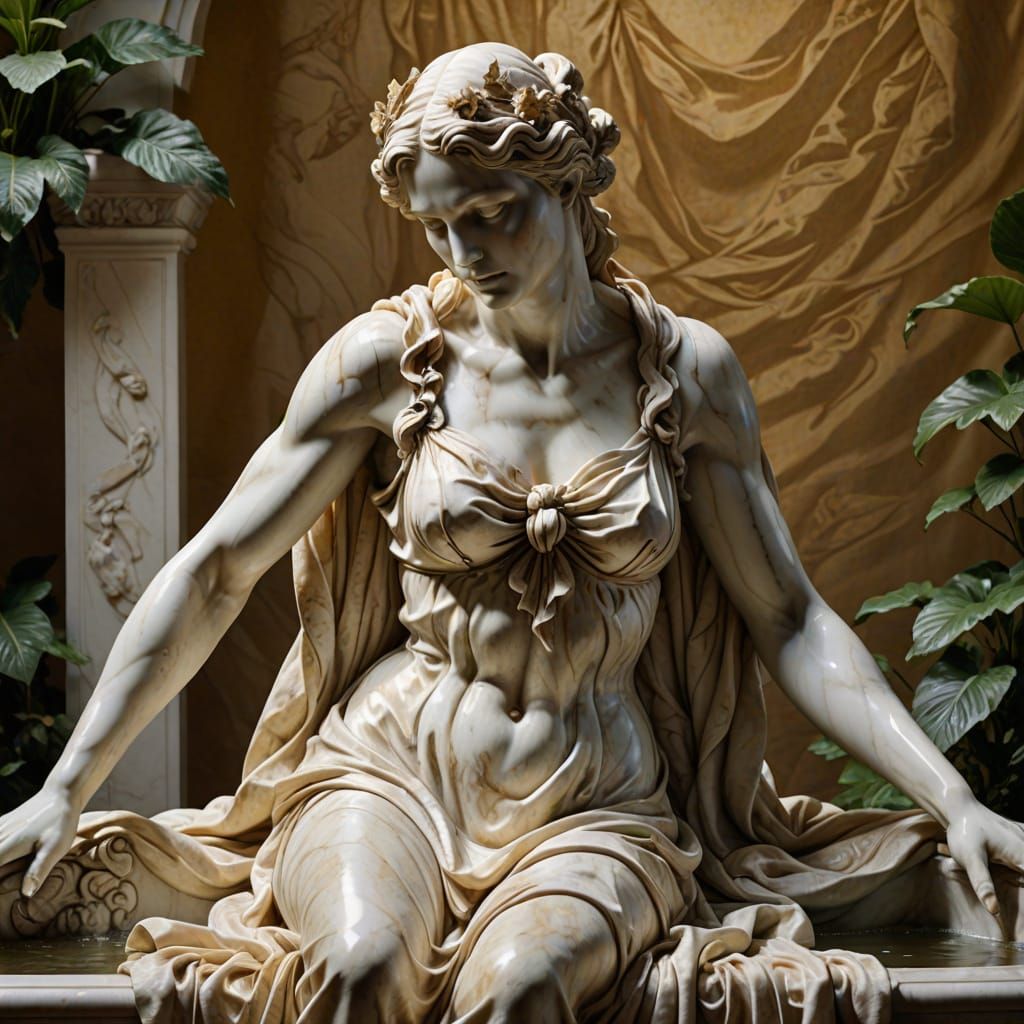 Marble Sculpture of Lilith Bathing in Eden in Baroque Style