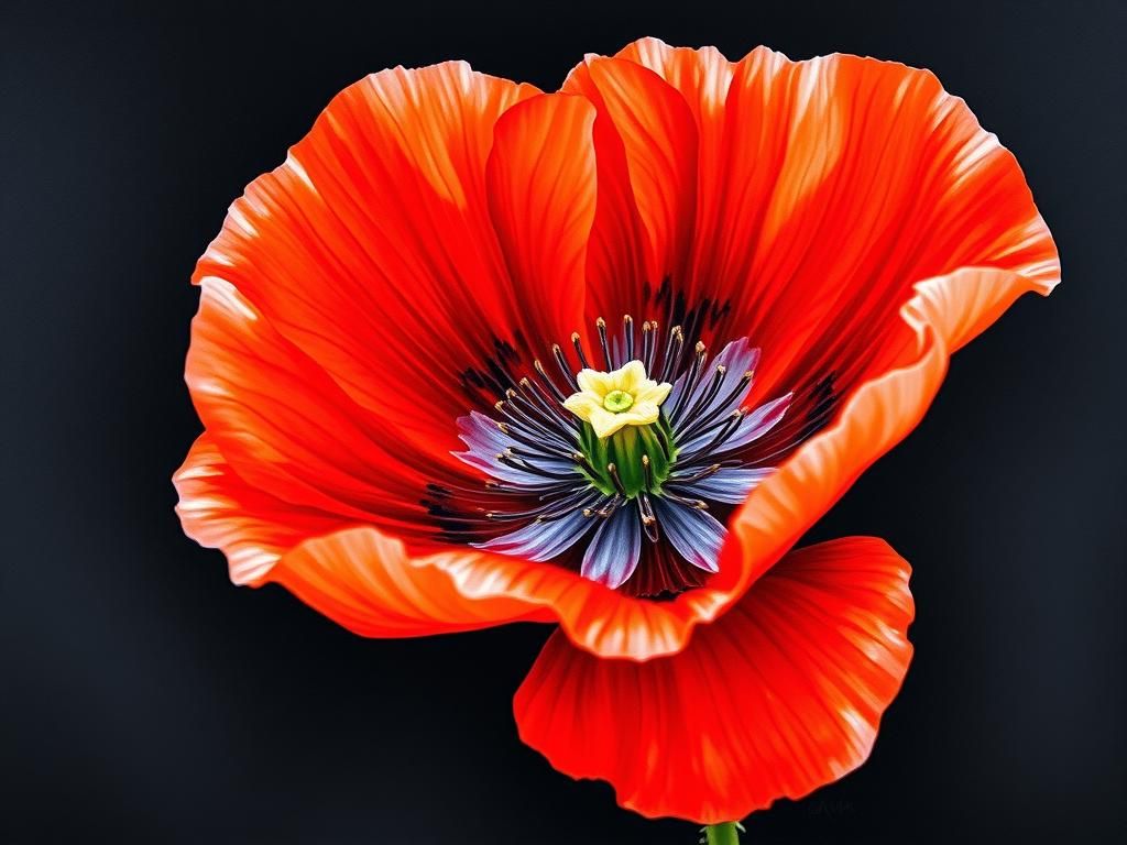 Hyperrealistic Red Poppy in Watercolor and Ink