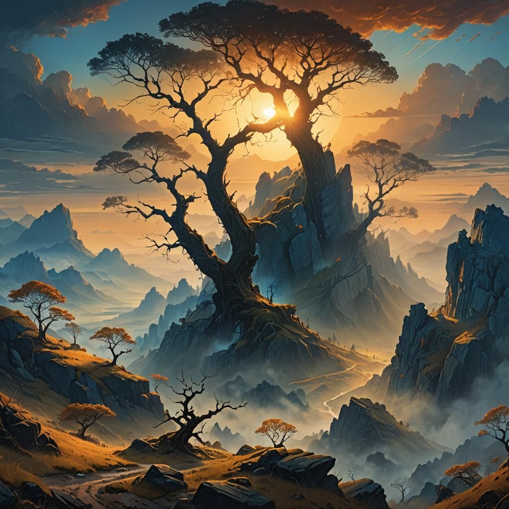 Majestic Mountain Sunrise in Beksiński Style