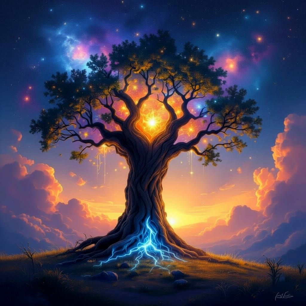 Surreal Tree With Celestial Roots and Bunny