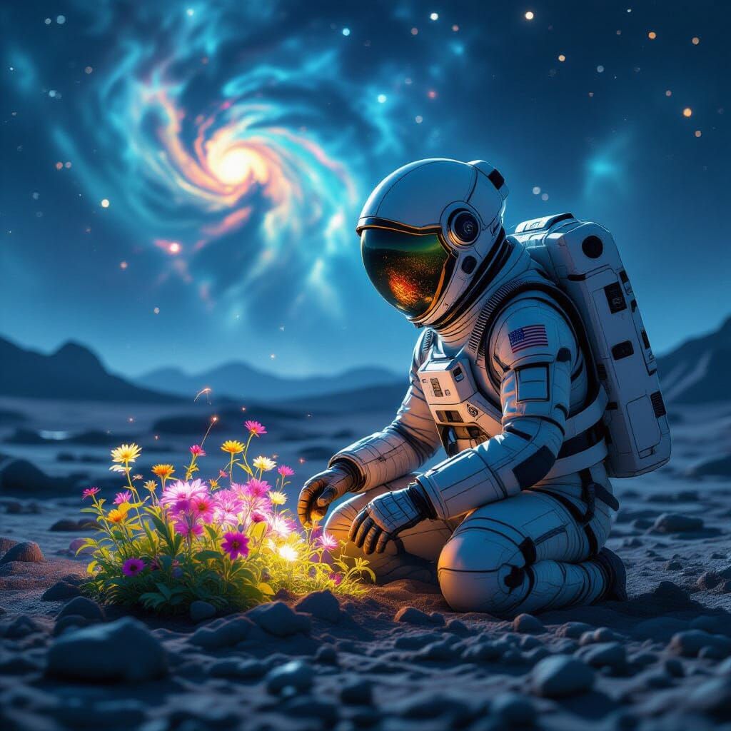 Astronaut Tends Alien Garden Under Nebula Sky