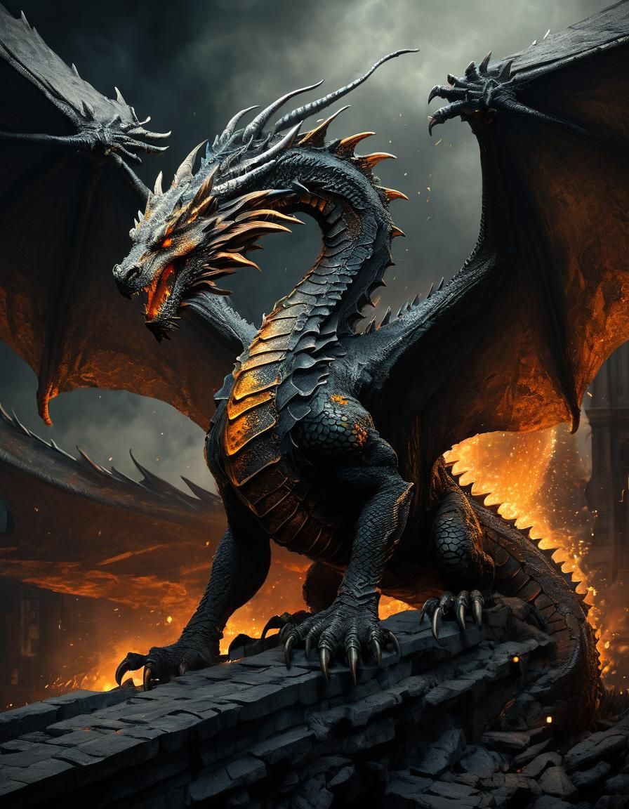 Epic Black Dragon Soaring in Hyperdetailed Dark Fantasy Styl...