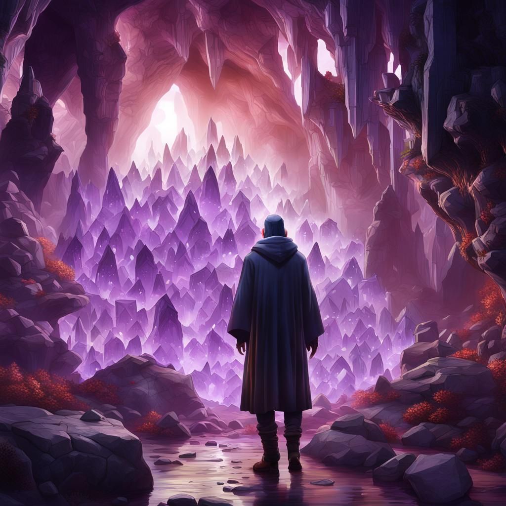 a high-definition realistic photographic image of a Giant Crystal Cave, and we see the largest chamber of these amethyst...