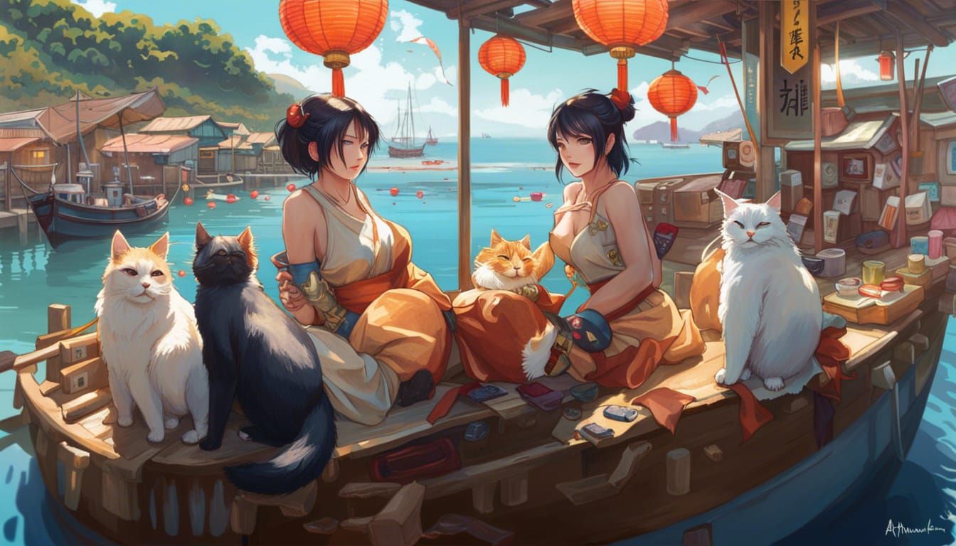 Aoshima Japan, on Cat Island the cats sit with the girls on what's left of their boat