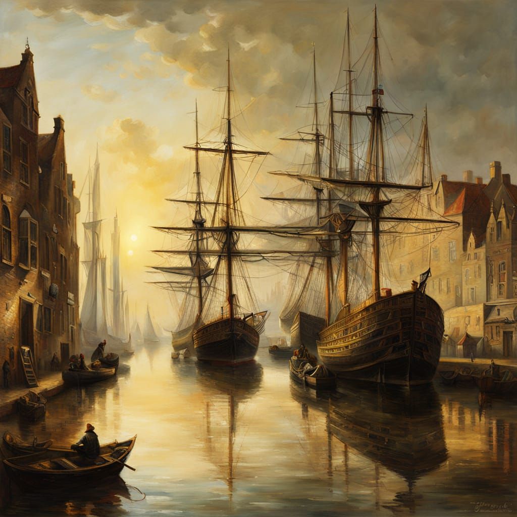 Renaissance Harbour Scene in Golden Light