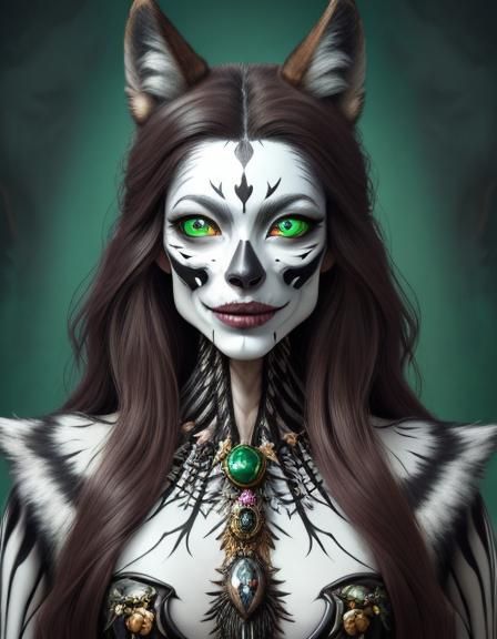 A Wolf woman with Wolf head,face and eyes dressed in extravagant clothes