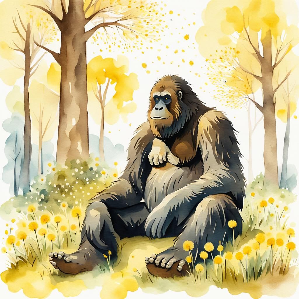 Big foot sitting in a field of dandelions