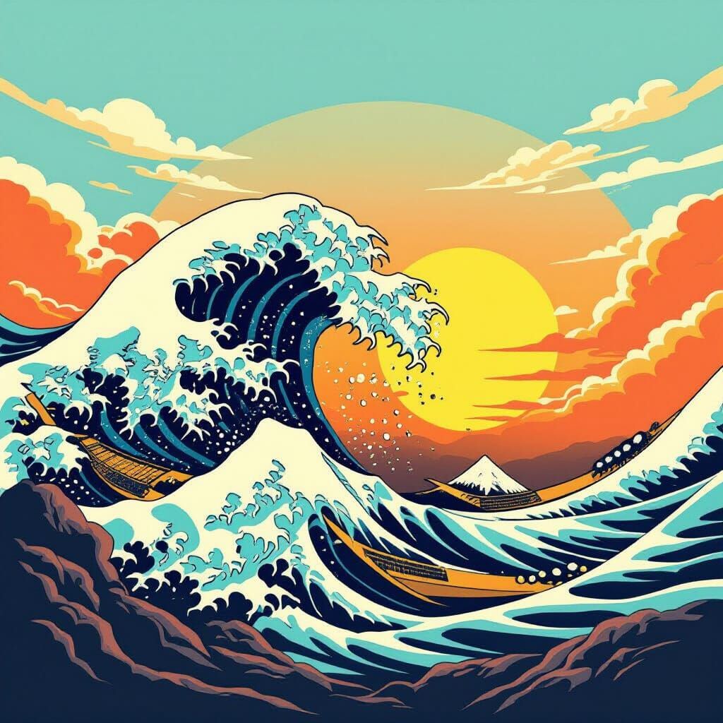 Wave Crashing in Ukiyo-e Pop Art Style