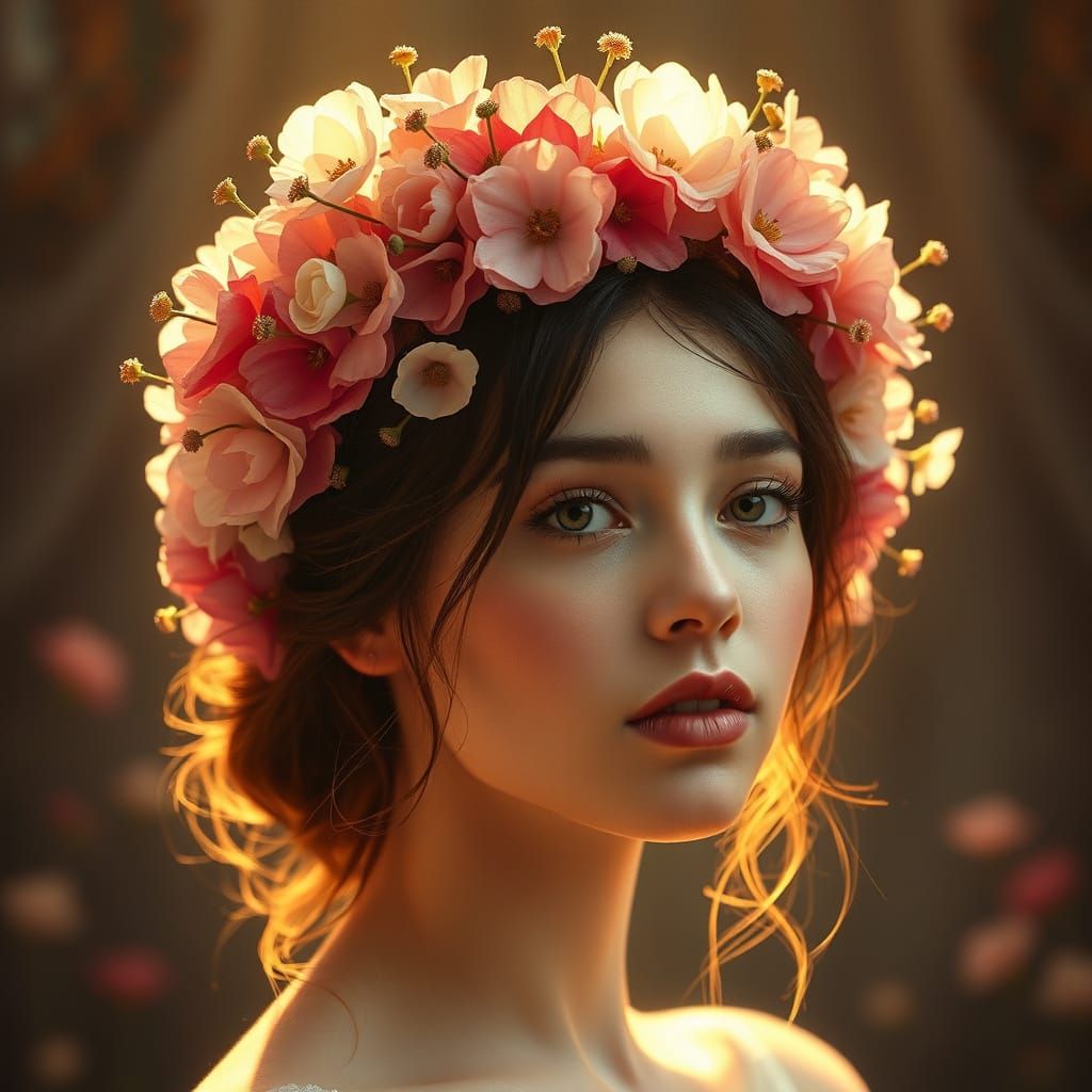 Woman in Whimsical Flower Crown with Golden Light