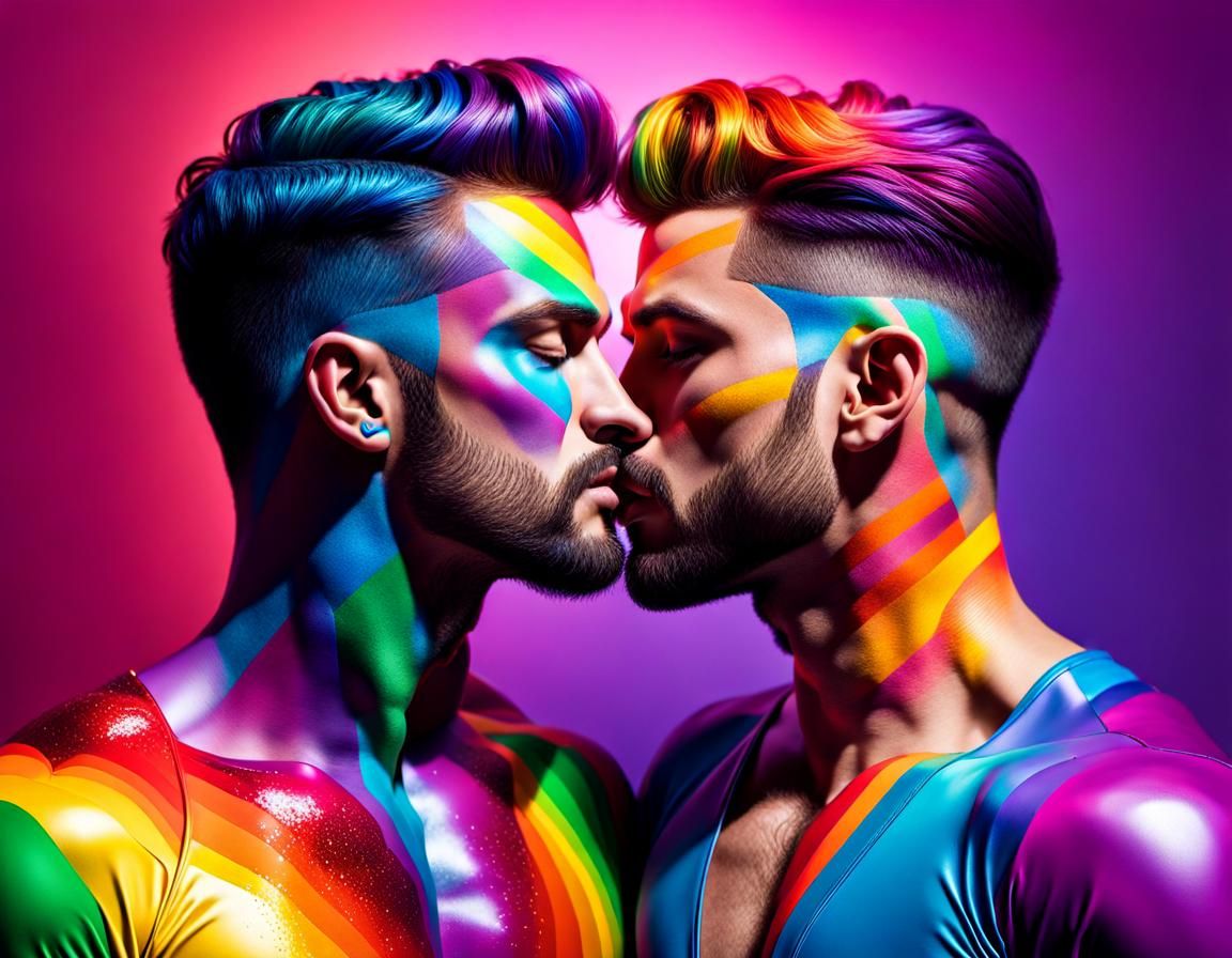 Rainbow Kiss: Two Men in Love, Hyperrealistic Art
