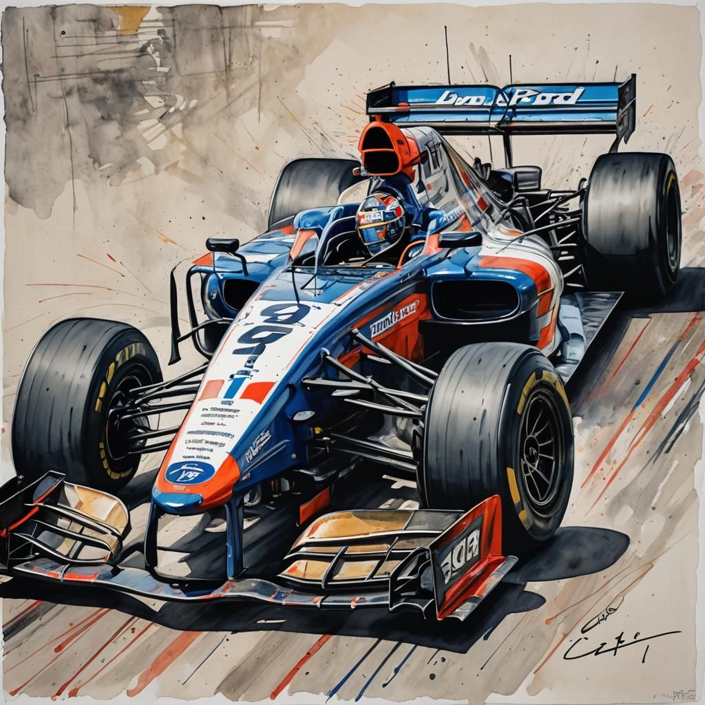 Ford Racing Car in Mixed Media Art