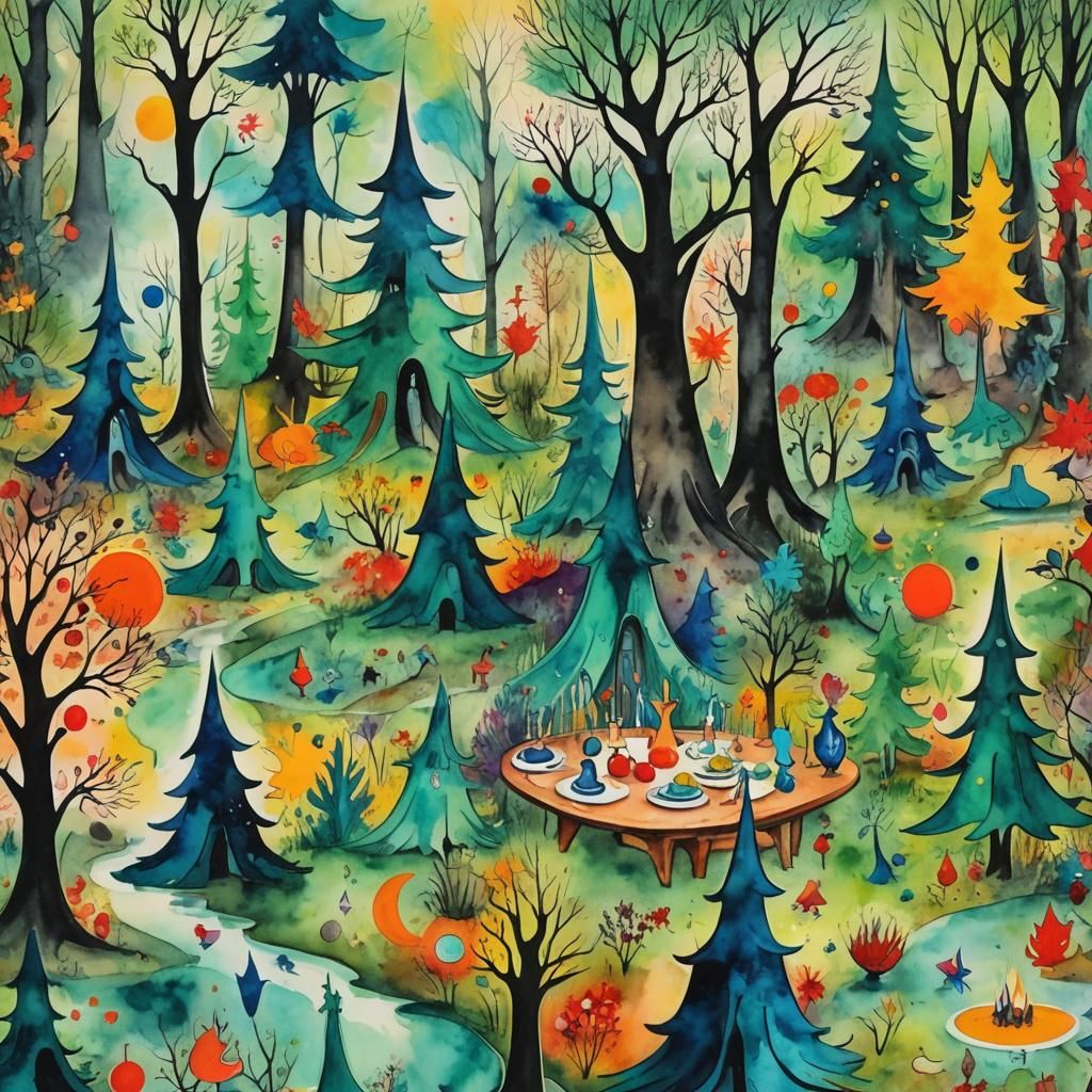 Cosmic Forest Witch Picnic in Retro-Futuristic Style