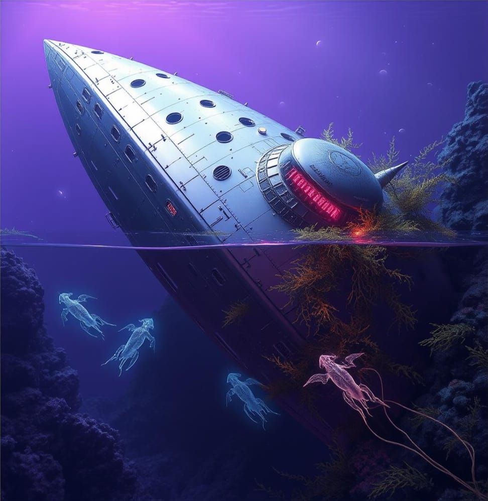 Crashed Spaceship on Alien Planet in Sci-Fi Style