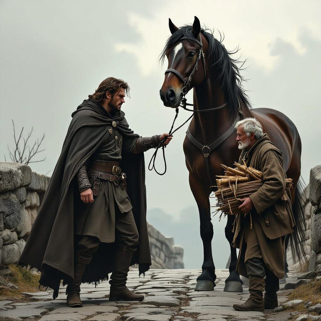 Proud Horseman Whips Old Man in Dramatic Cinematic Scene