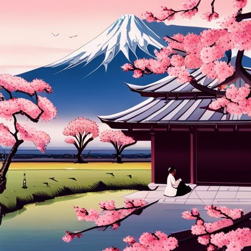 Japanese House with Mount Fuji: Matte Painting