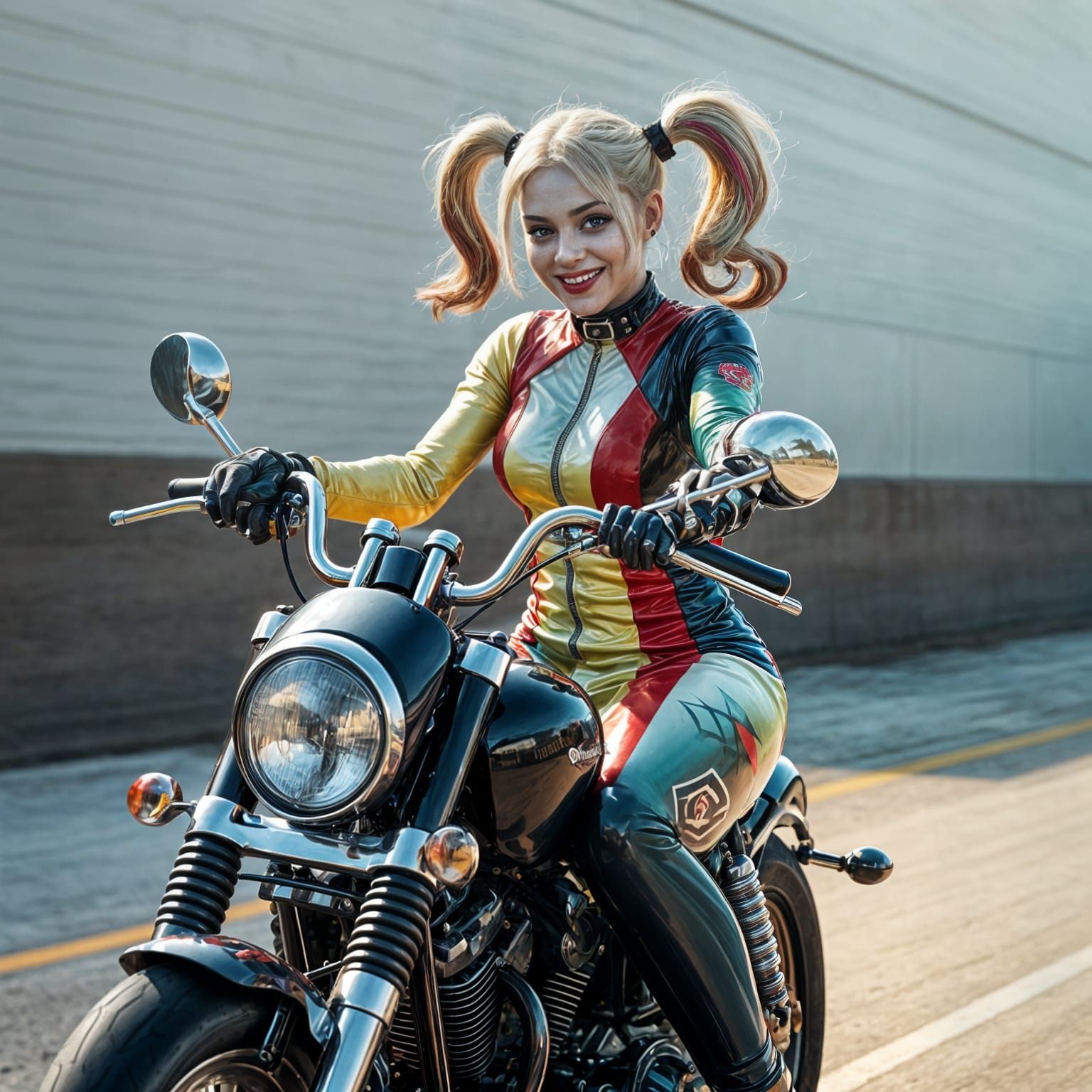 Hyperrealistic Harley Quinn on Motorcycle