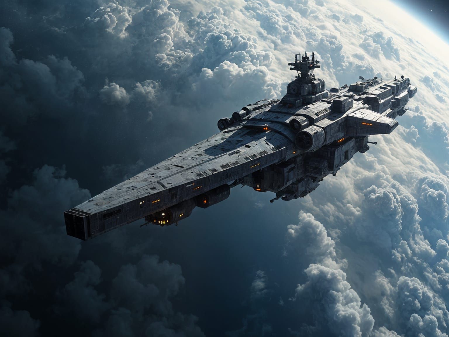 Earth Fleet Ship Dauntless Orbiting a Cloudy Planet