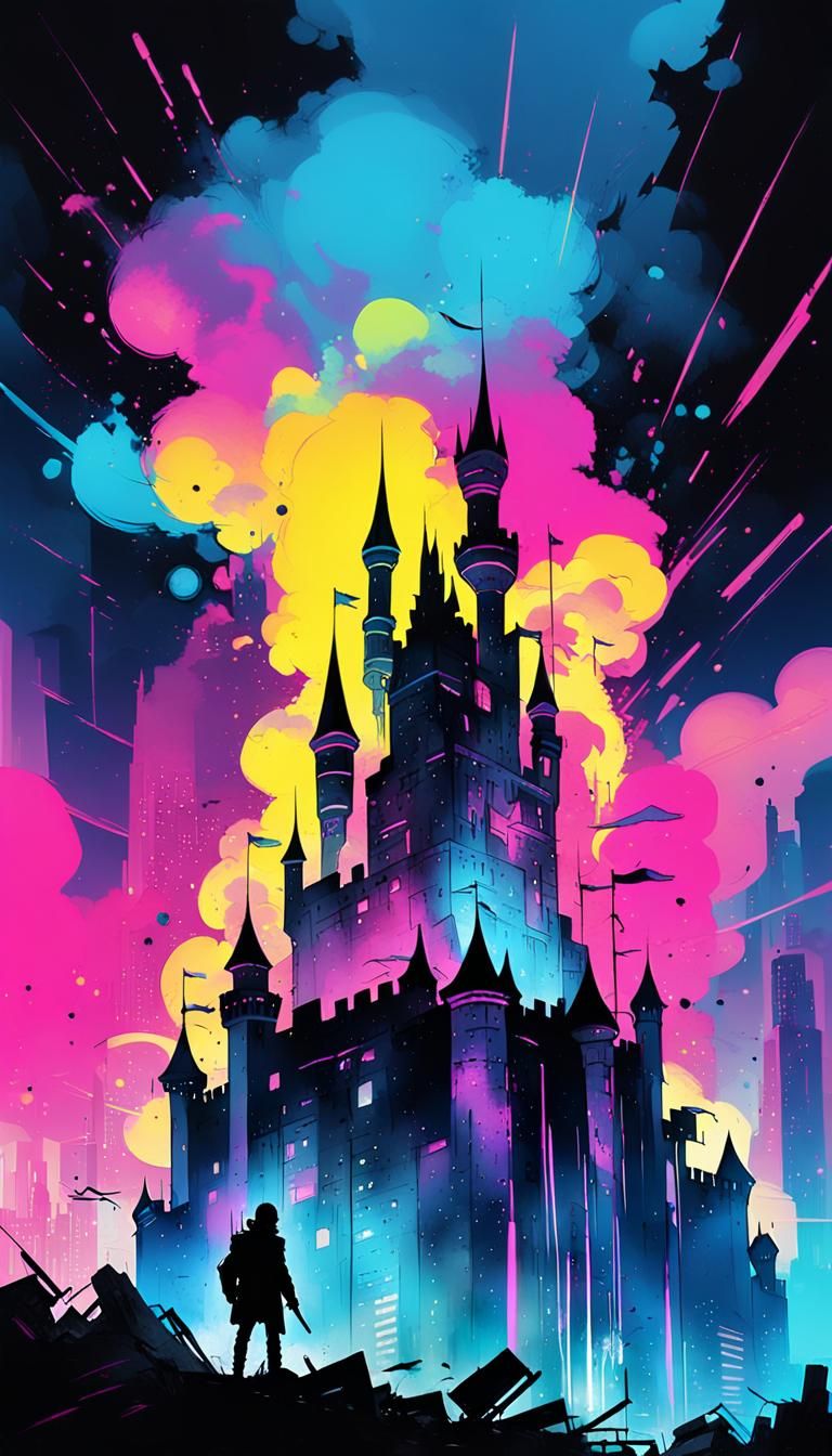 High-Tech Fantasy Castle Above Ruined City in Ink Punk