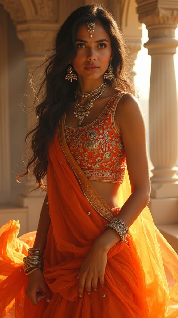 Elegant Indian Women in Intricately Embroidered Lehanga