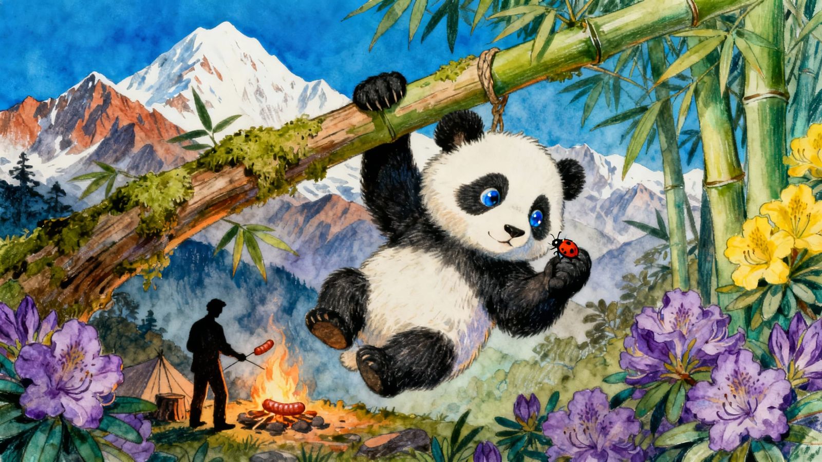 Panda Cub Holds Ladybug on Bamboo Branch in Himalayas