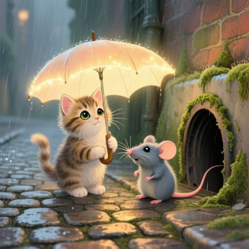 Cat and Mouse Share Umbrella in Rainy Storybook Scene