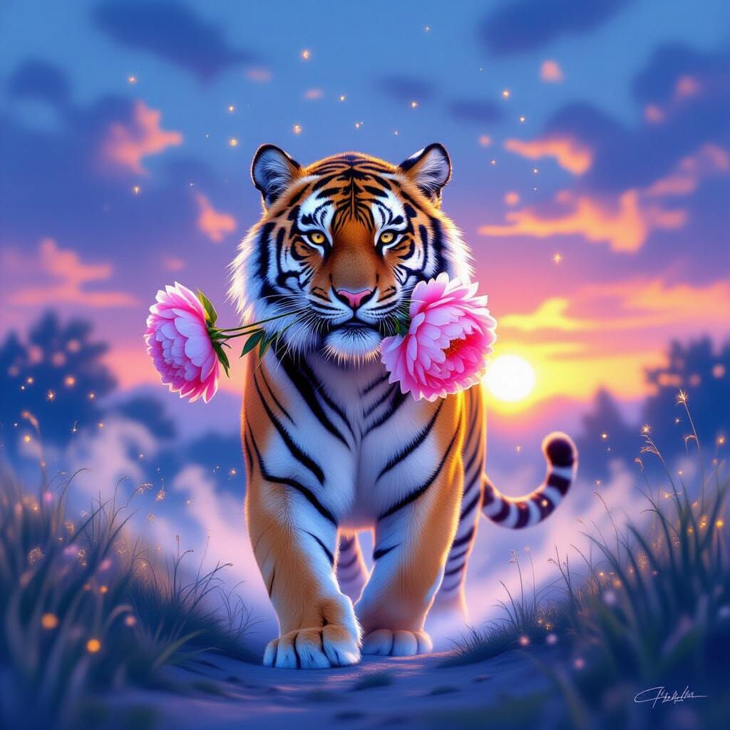 Tiger with Pink Peony Under Dawn Sky