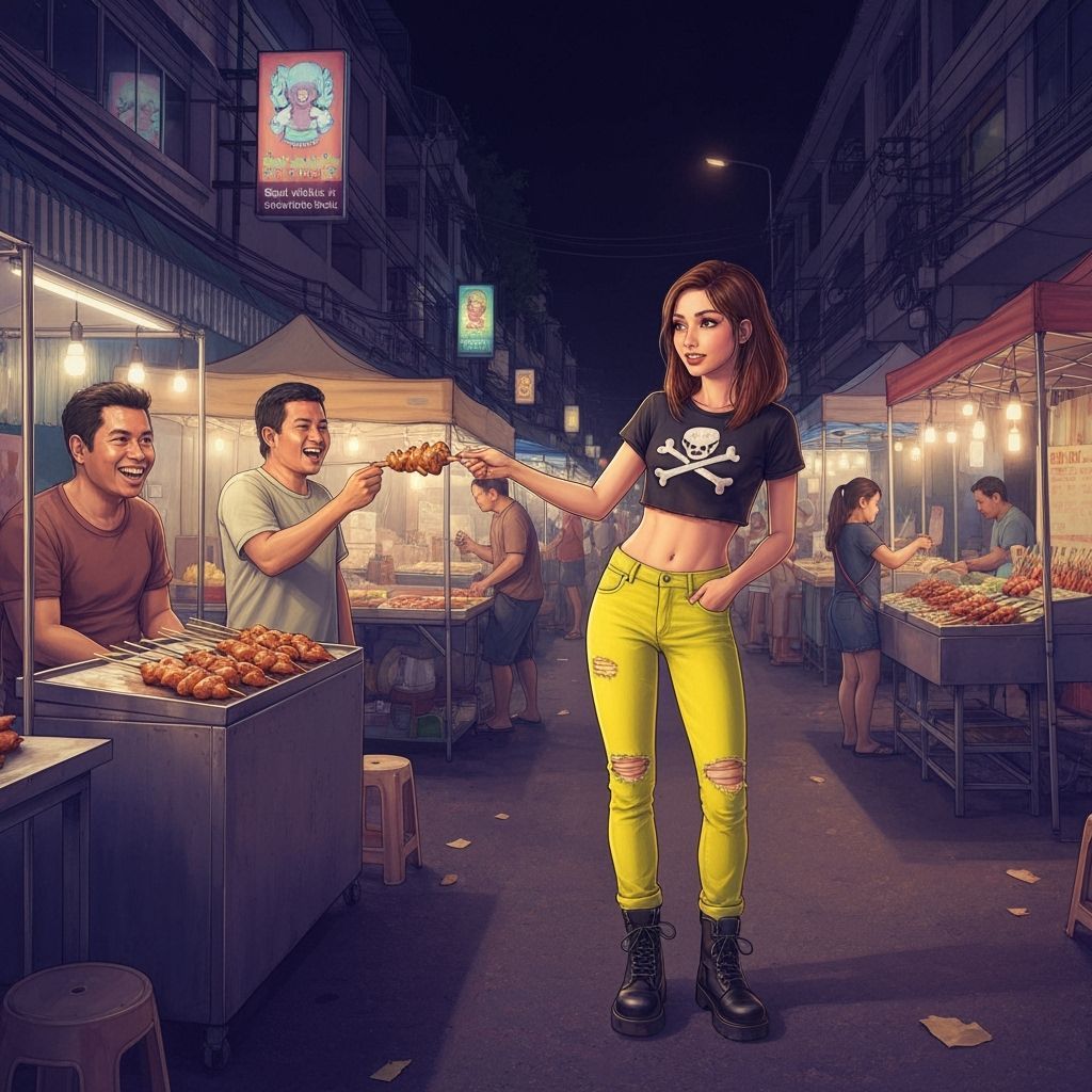 Vibrant Cartoon Night Market Scene in Thailand