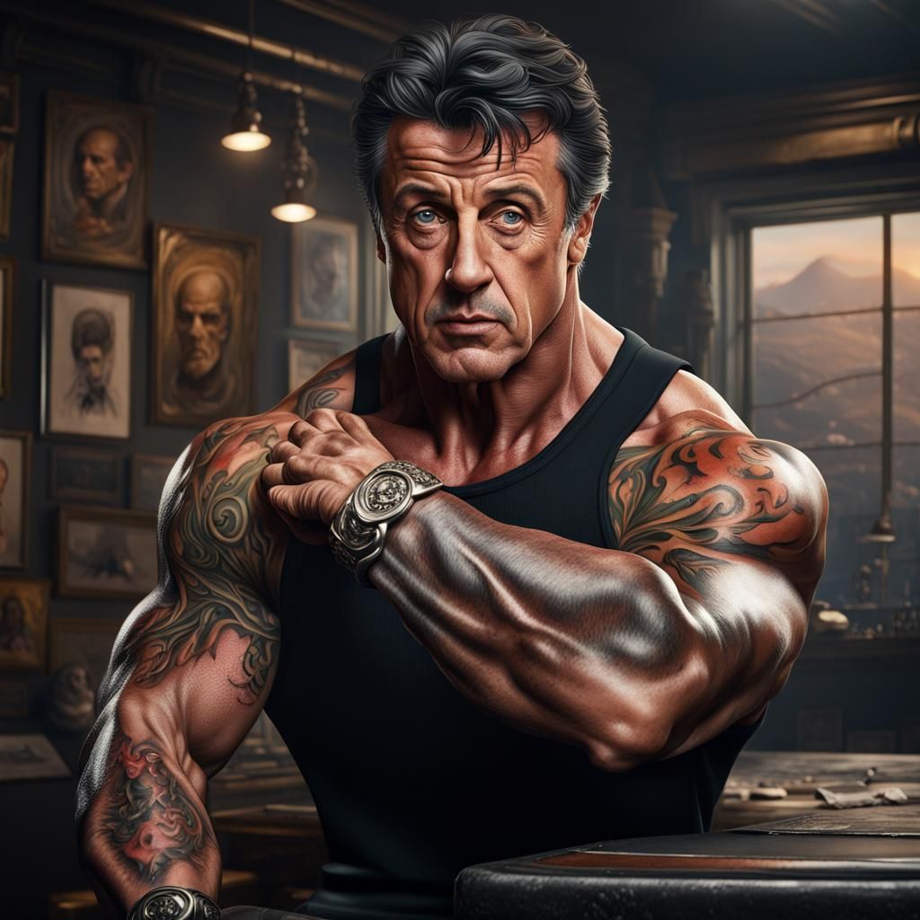 Hyperrealistic Sylvester Stallone Tattoo Artist: 8k Art