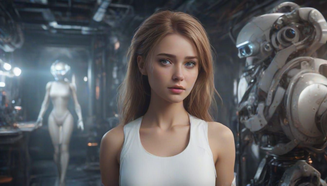 Frightened Woman Abducted by Robots in a Futuristic Lab