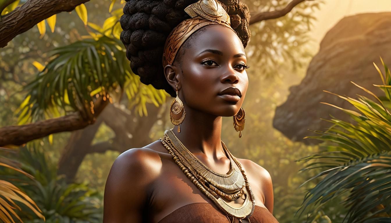 African queen standing proudly in a lush savannah setting