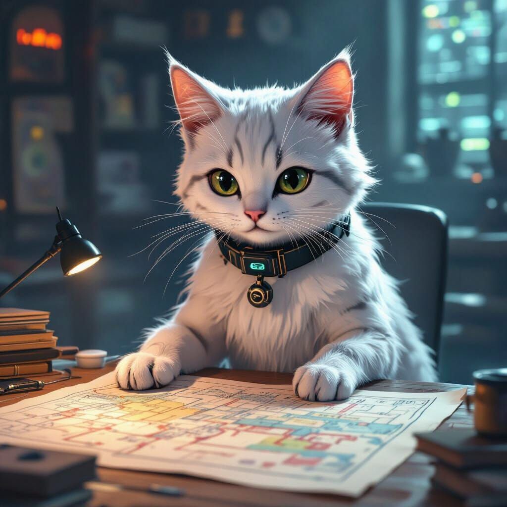 Cat Planning Session in Dimly Lit Noir Room