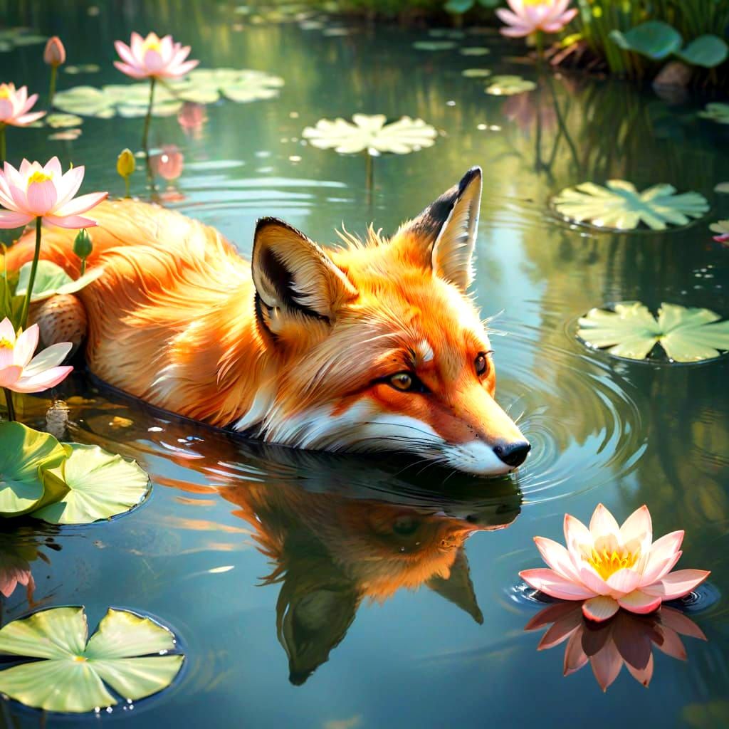Fox in Serene Lotus Pond Scene