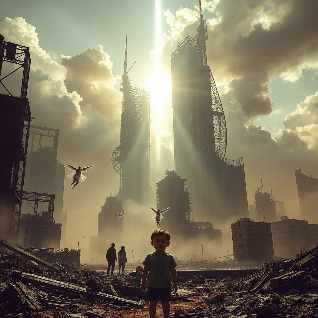 Cyberpunk Metropolis in Ruins Illuminated by Ethereal Portal