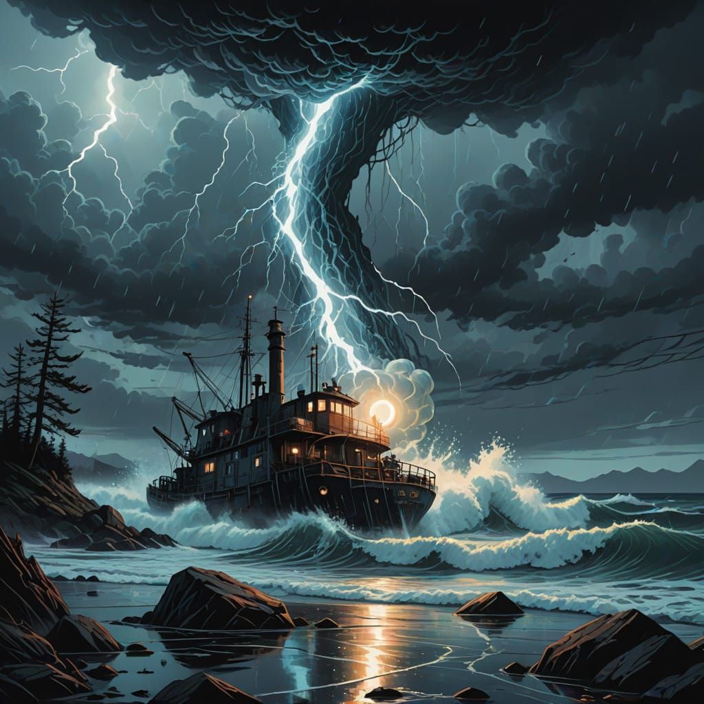 Ethereal Glass Orb Suspended in Turbulent Fog and Waves