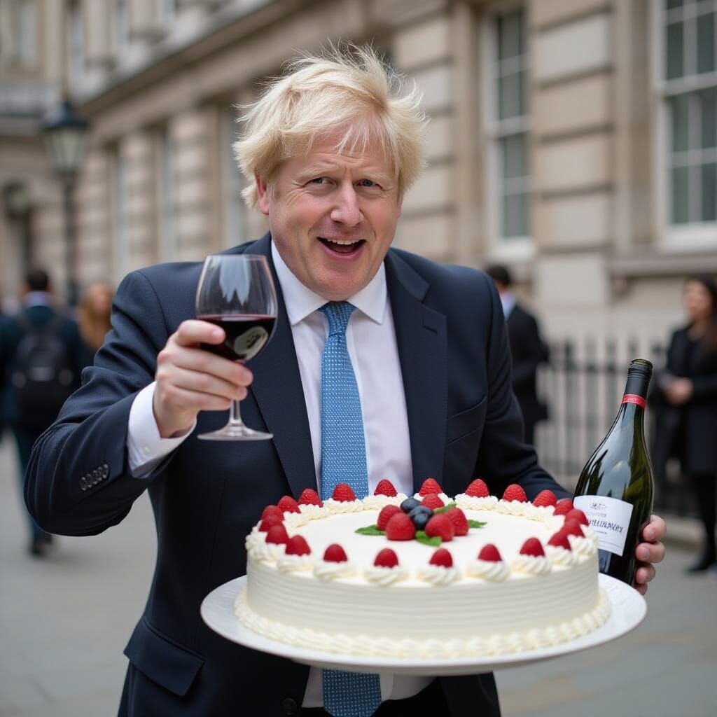 Humorous Portrait of Politician Fleeing with Cake