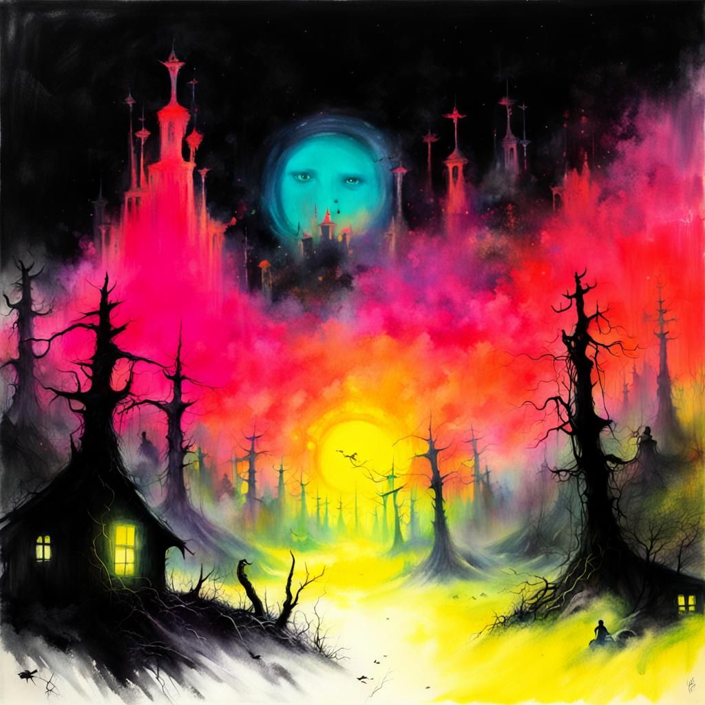 Eerie Neon Horror in Surrealist Style
